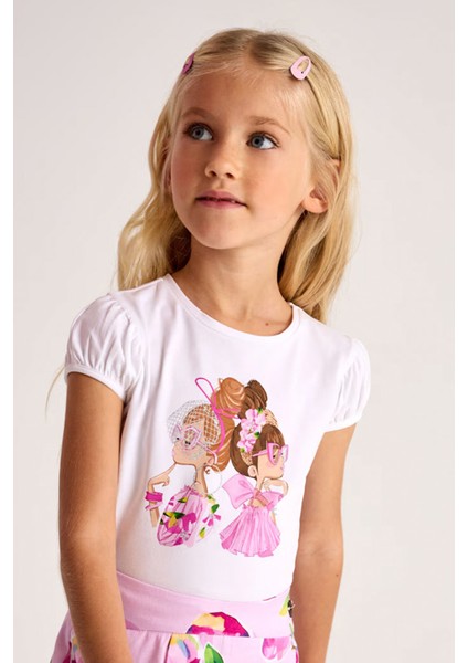 Kısa Kollu Fırfırlı Renkli Baskı Rahat Pamuklu Özel Gün Bayramlık Kız Çocuk T-Shirt