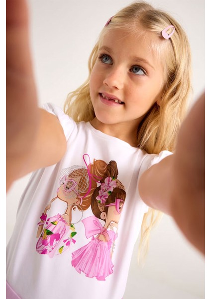 Kısa Kollu Fırfırlı Renkli Baskı Rahat Pamuklu Özel Gün Bayramlık Kız Çocuk T-Shirt modelleri