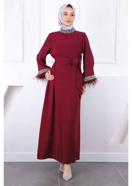 Bordo Kol Ve Yaka Taşlı Taşlı Kuşaklı Abiye