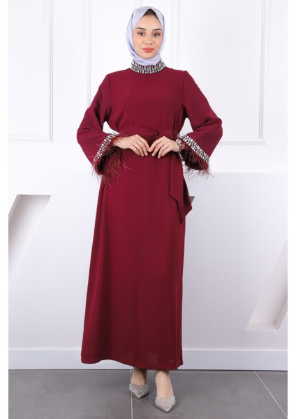 Bordo Kol Ve Yaka Taşlı Taşlı Kuşaklı Abiye fiyatları