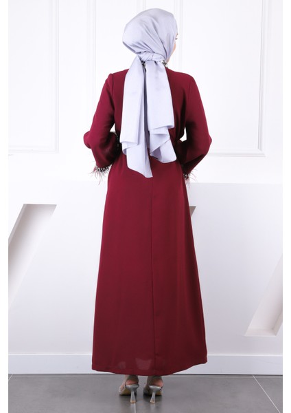 Bordo Kol Ve Yaka Taşlı Taşlı Kuşaklı Abiye modelleri