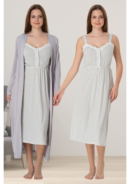 Gri Sabahlıklı Hamile Lohusa Gecelik Takım