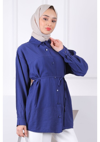 Lacivert Bel Kuşaklı Gömlek
