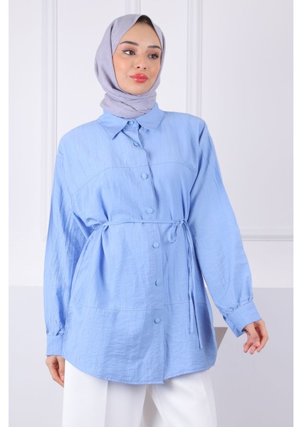 Bebe Mavi Bel Kuşaklı Gömlek