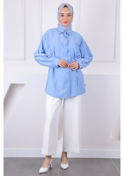Bebe Mavi Bel Kuşaklı Gömlek modelleri