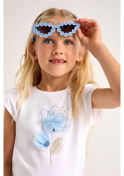 Kısa Kollu Fırfırlı Çiçek Baskılı Pamuklu Rahat Özel Gün Bayramlık Kız Çocuk T-Shirt