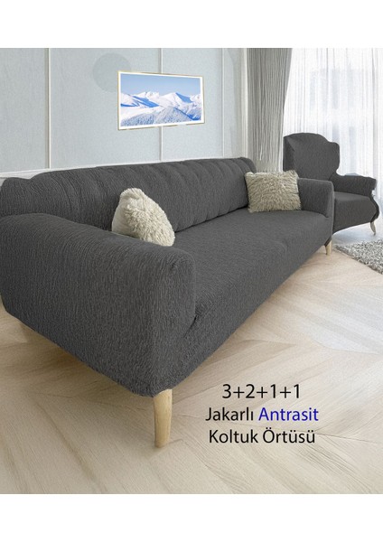 Jakarlı Düz Desen 3 2 1 1 Lastikli Koltuk ,kanepe ,çekyat Örtüsü ,kılıfı Esnekli 3211 Antrasit