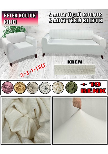Petek Kumaş 2 Adet Üçlü Çekyat- 2 Adet Tekli Koltuk Kılıfı Seti