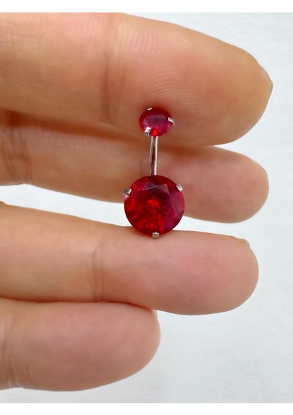 Cerrahi Çelik Büyük (10 mm ) Kırmızı Zirkon Taşlı Göbek Piercingi