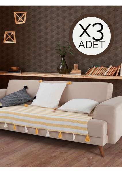 Liva Ponponlu Sarı 3 Adet Koltuk Örtüsü 115X200 cm Kanepe Divan Çekyat Berjer Örtüsü Püsküllü