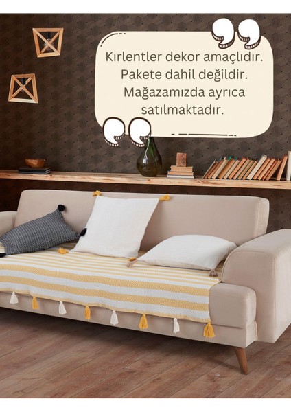 Liva Ponponlu Sarı 3 Adet Koltuk Örtüsü 115X200 cm Kanepe Divan Çekyat Berjer Örtüsü Püsküllü