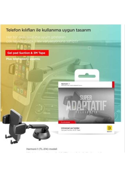 Harmoni1 H01 Teleskopik Vantuzlu Süper Adaptatif Araç Içi Telefon Tutucu
