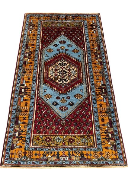 El Dokuma Sıfır Özel Dokuma Yahyalı Halı 108X196 Turkuaz Kök Boya