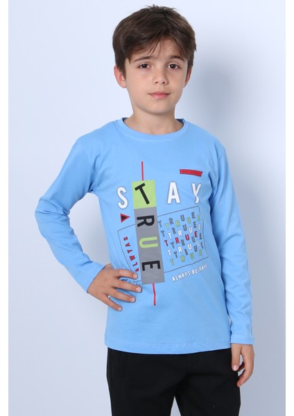 Erkek Çocuk Uzun Kollu Tshirt Stay True Baskılı Bisiklet Yaka E29