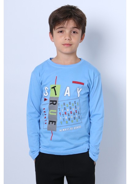 Erkek Çocuk Uzun Kollu Tshirt Stay True Baskılı Bisiklet Yaka E29 fiyatları
