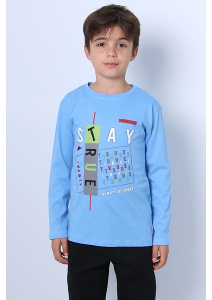Erkek Çocuk Uzun Kollu Tshirt Stay True Baskılı Bisiklet Yaka E29 fırsatları