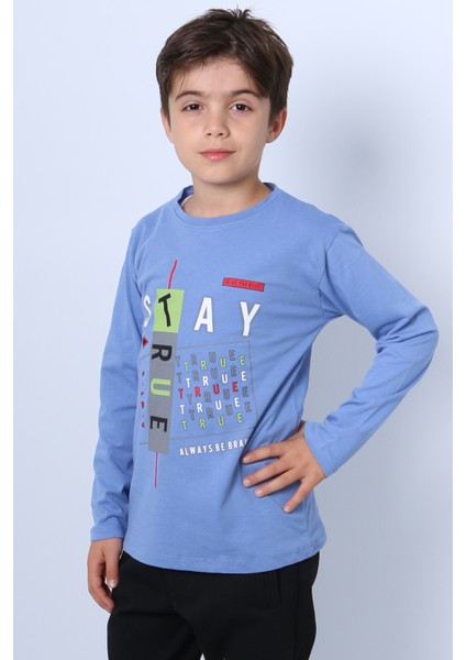 Erkek Çocuk Uzun Kollu Tshirt Stay True Baskılı Bisiklet Yaka E29 modelleri