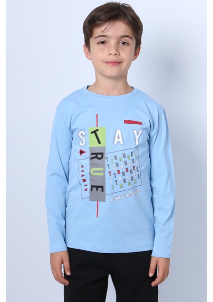 Erkek Çocuk Uzun Kollu Tshirt Stay True Baskılı Bisiklet Yaka E29