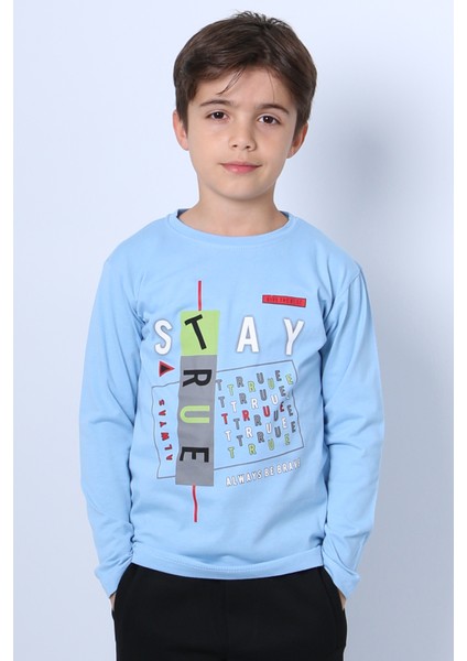 Erkek Çocuk Uzun Kollu Tshirt Stay True Baskılı Bisiklet Yaka E29 modelleri