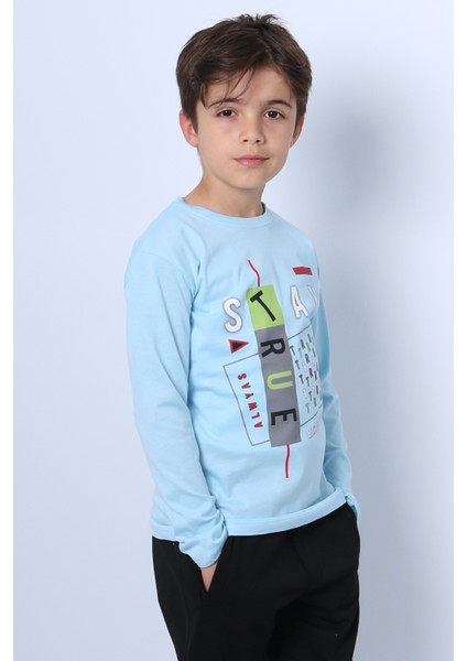 Erkek Çocuk Uzun Kollu Tshirt Stay True Baskılı Bisiklet Yaka E29