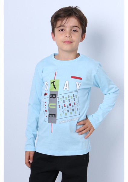 Erkek Çocuk Uzun Kollu Tshirt Stay True Baskılı Bisiklet Yaka E29 fiyatları