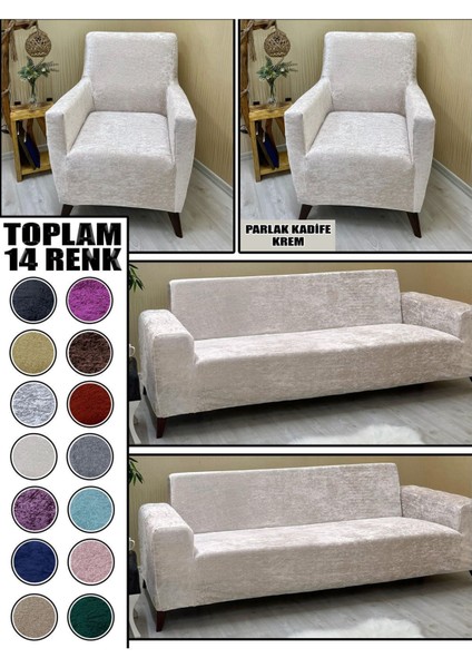 Parlak Kadife Kumaş 2 Adet Üçlü & Çekyat- 2 Adet Tekli Set Koltuk Kılıfı