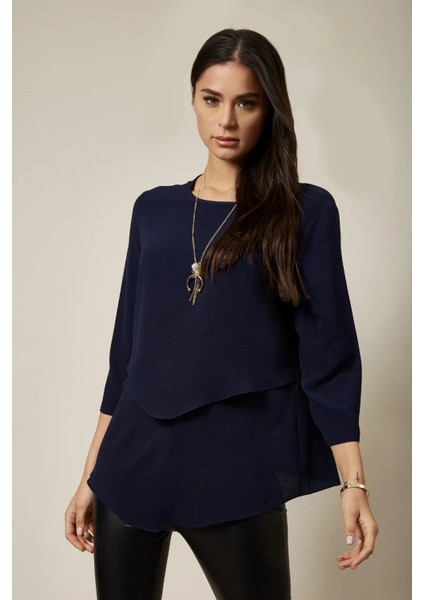 Lacivert 3/4 Kollu Katmanlı Oversize Kadın Bluz