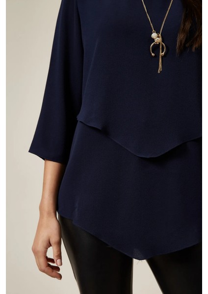 Lacivert 3/4 Kollu Katmanlı Oversize Kadın Bluz