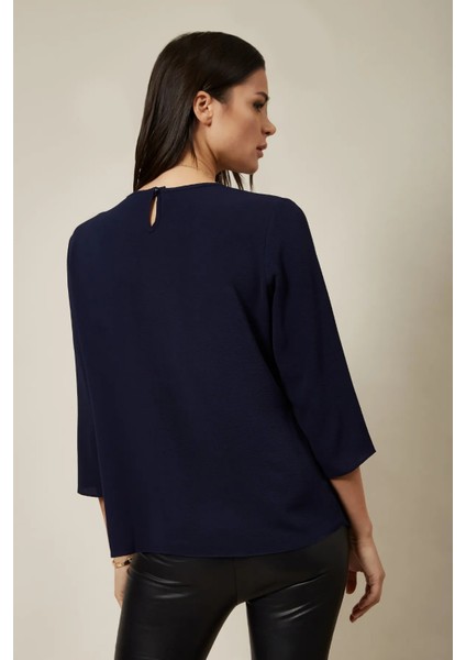 Lacivert 3/4 Kollu Katmanlı Oversize Kadın Bluz