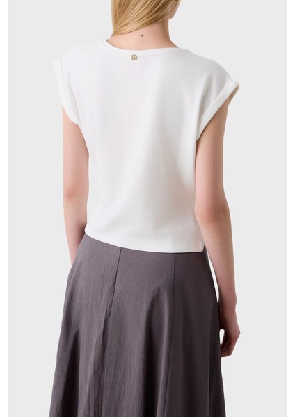 Streç Relaxed Fit Asimetrik Kesim Aksesuar Detaylı Bisiklet Yaka Bluz Bayan Bluz 053
