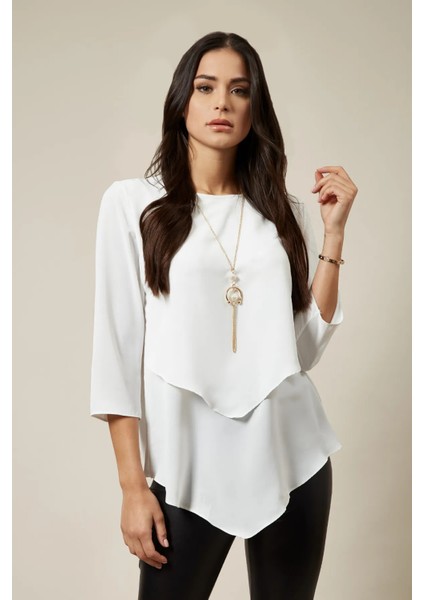 Beyaz 3/4 Kollu Katmanlı Oversize Kadın Bluz