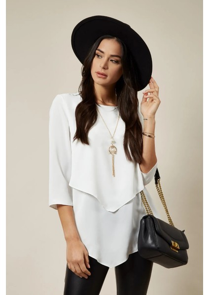 Beyaz 3/4 Kollu Katmanlı Oversize Kadın Bluz