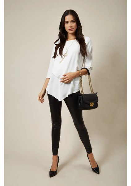 Beyaz 3/4 Kollu Katmanlı Oversize Kadın Bluz