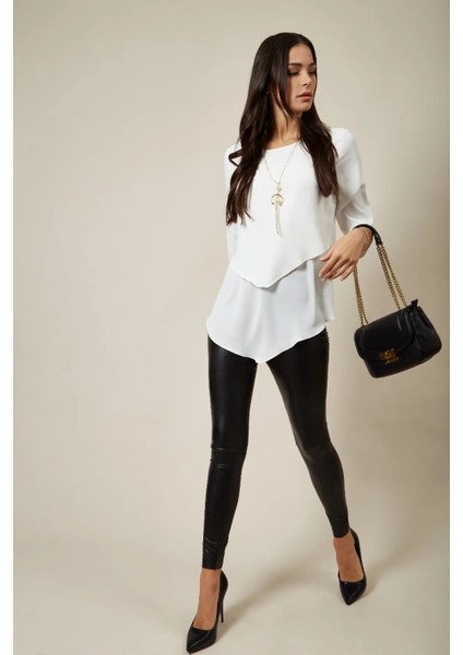 Beyaz 3/4 Kollu Katmanlı Oversize Kadın Bluz