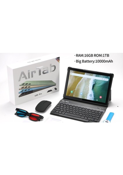 Air Tab U25 Pro Tablet, 10.1" Fhd Ekran, Android 13, 16GB Ram, 1tb Rom, 13MP 30MP Kamera, 10000MAH Pil, Klavye ve Mouse