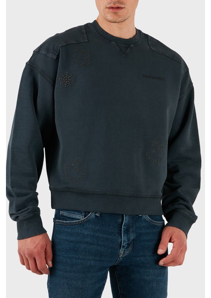 Streç Pamuklu Regular Fit Zımba Detaylı Bisiklet Yaka Sweat Erkek Sweat S74GU0752 S25539 814