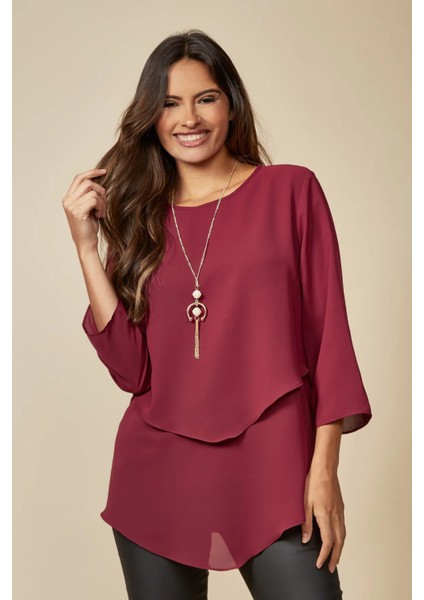 Bordo 3/4 Kollu Katmanlı Oversize Kadın Bluz