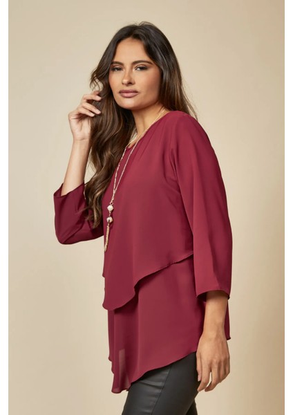 Bordo 3/4 Kollu Katmanlı Oversize Kadın Bluz