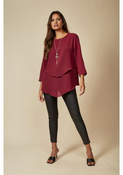 Bordo 3/4 Kollu Katmanlı Oversize Kadın Bluz