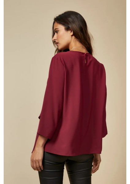 Bordo 3/4 Kollu Katmanlı Oversize Kadın Bluz