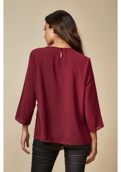 Bordo 3/4 Kollu Katmanlı Oversize Kadın Bluz
