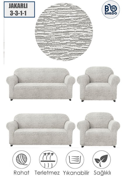 Jakarli Kaliteli Koltuk Örtüsü 3 3 1 1 Lastikli Esnek Yıkanabilir Çekyat Kanepe Kılıfı 331 Krem