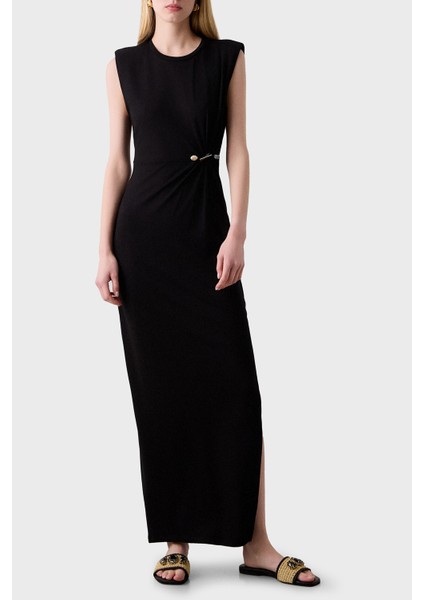 Yıtmaçlı Fitted Fit Büzgülü Aksesuar Detaylı Bisiklet Yaka Uzun Elbise Bayan Elbise 053