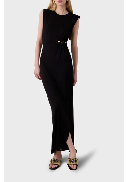 Yıtmaçlı Fitted Fit Büzgülü Aksesuar Detaylı Bisiklet Yaka Uzun Elbise Bayan Elbise 053 fiyatları