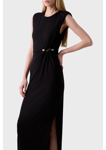 Yıtmaçlı Fitted Fit Büzgülü Aksesuar Detaylı Bisiklet Yaka Uzun Elbise Bayan Elbise 053 modelleri