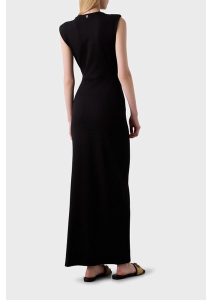 Yıtmaçlı Fitted Fit Büzgülü Aksesuar Detaylı Bisiklet Yaka Uzun Elbise Bayan Elbise 053 fırsatları