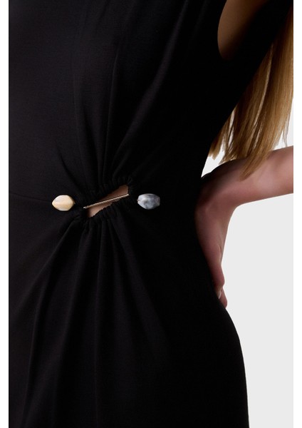 Yıtmaçlı Fitted Fit Büzgülü Aksesuar Detaylı Bisiklet Yaka Uzun Elbise Bayan Elbise 053 indirimleri