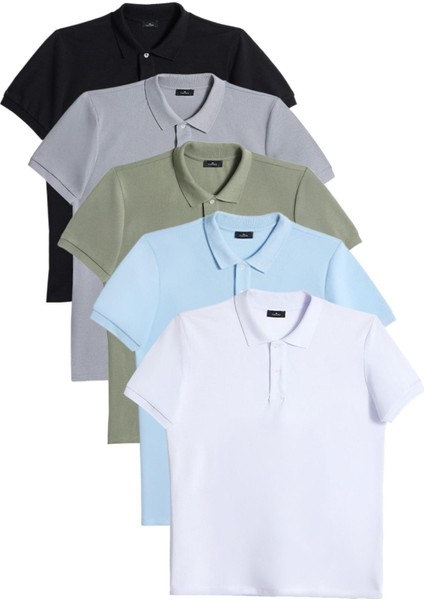 Erkek 5'li Paket Siyah-Gri-Haki-Mavi-Beyaz Slim Fit Dar Kesim Pamuklu Düz Pike Polo Yaka Tişört