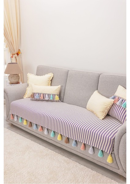 Renkli Püsküllü Mor Çizgili Koltuk Örtüsü 90X210CM,
