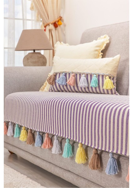 Renkli Püsküllü Mor Çizgili Koltuk Örtüsü 90X210CM,
